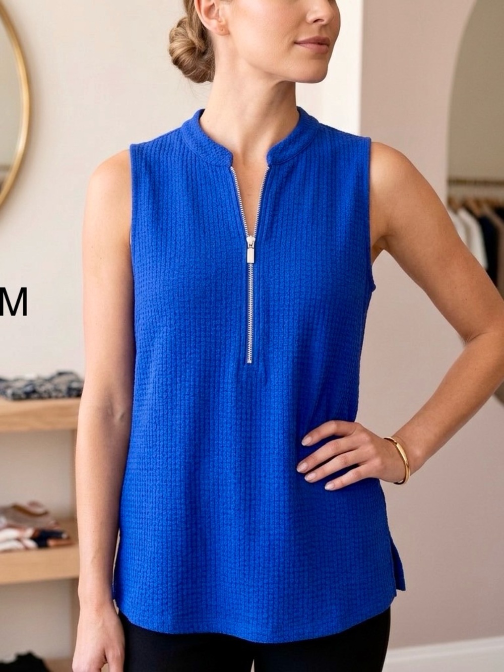 Cable & Gauge Sleeveless Zip-Front Top in Royal Blue